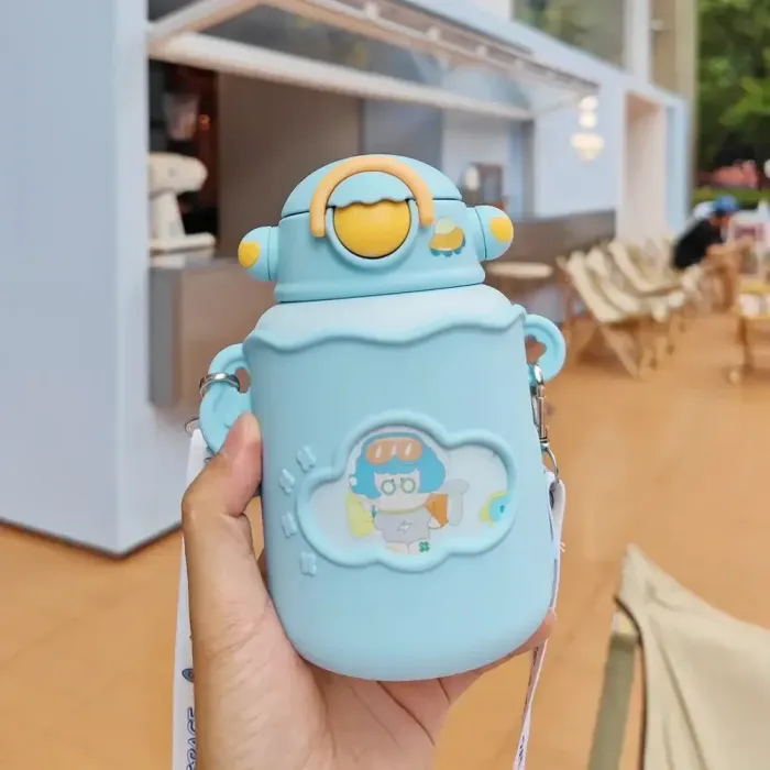 Термос детский с поильником и ремешком 300 мл термокружка из нержавеющей стали до 12 часов (B2001BL) - изображение 3