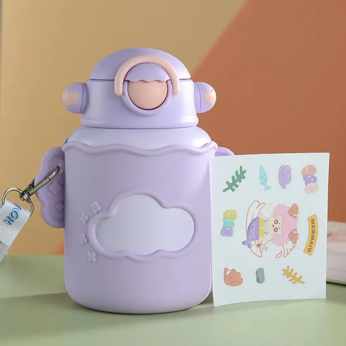 Термос детский с поильником и ремешком 300 мл термокружка из нержавеющей стали до 12 часов Фиолетовый (B2001V) - изображение 2