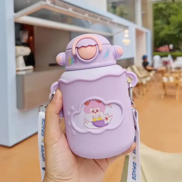 Термос детский с поильником и ремешком 300 мл термокружка из нержавеющей стали до 12 часов Фиолетовый (B2001V) - изображение 3