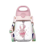 Пляшка для води з трубочкою 380 мл дитяча фляга прозора для напоїв з дозатором та ручкою Рожевий (HP160P)