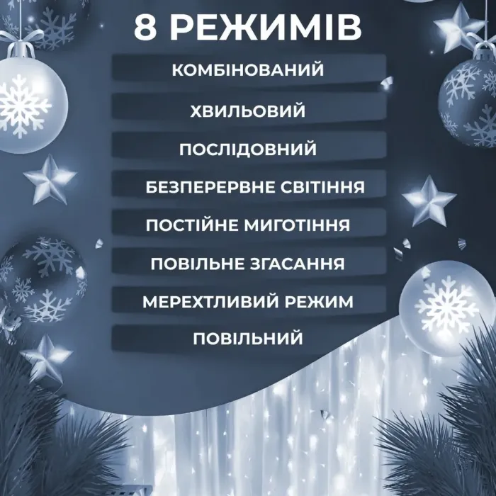 Гірлянда штора 3х3 м Роса на 200 LED лампочок світлодіодна мідний провід 8 режимів 10 ниток біла (173307W) - зображення 7