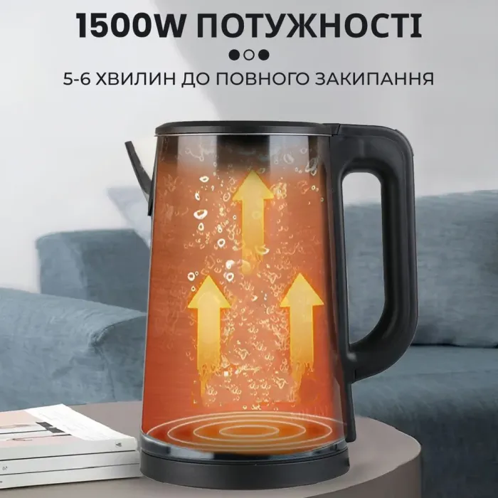 Електрочайник безшумний з нержавіючої сталі на 2,5 л 1500 Вт Sokany SK-SH-1088 Чорний (SKSH1088B) - зображення 8