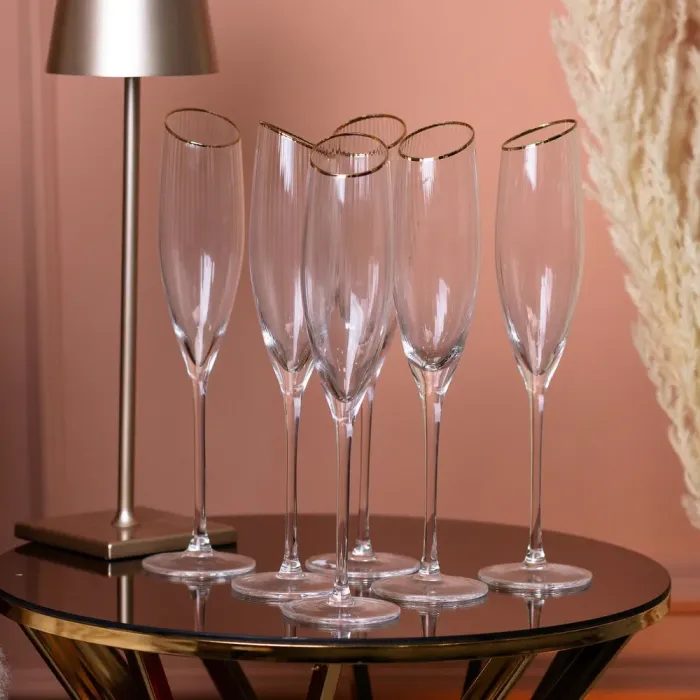 Бокал для шампанского фигурный из тонкого ребристого стекла с золотым ободком набор 6 шт (HP79) - изображение 1