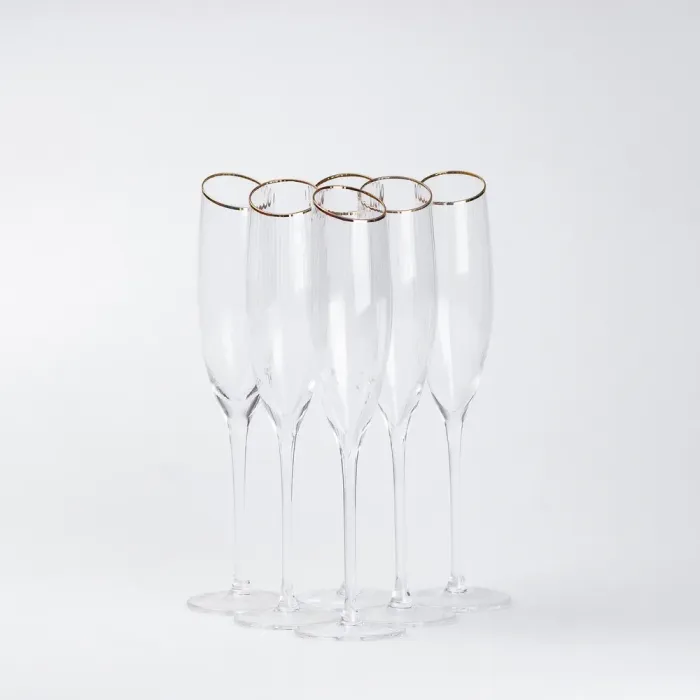 Бокал для шампанского фигурный из тонкого ребристого стекла с золотым ободком набор 6 шт (HP79) - изображение 4