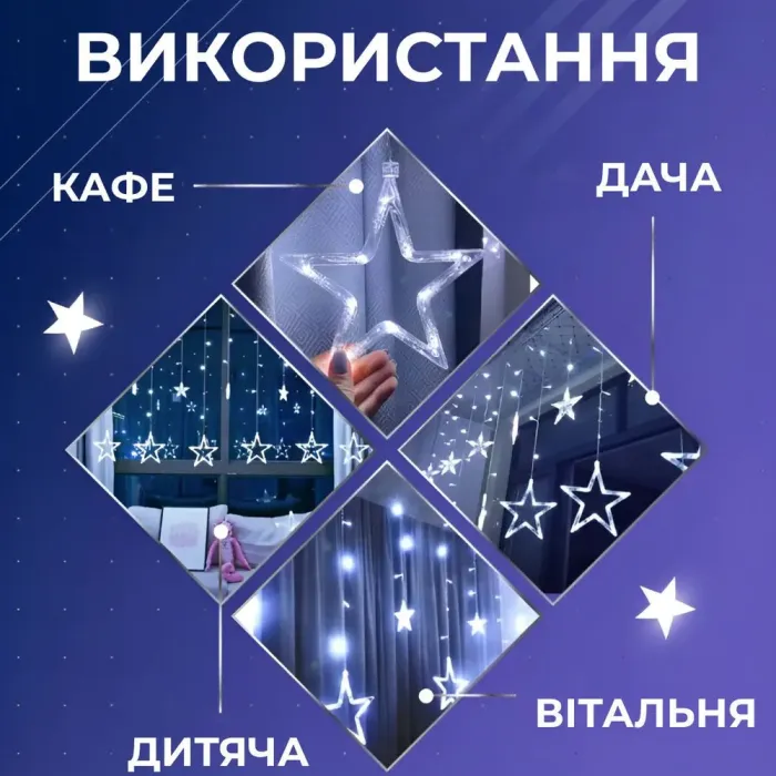 Гірлянда штора 3х0,7 м Зірки на 108 LED лампочок світлодіодна 6 великих та 6 маленьких зірок 9В 8 режимів біла (1733055W) - зображення 3