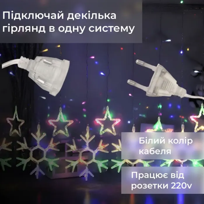 Гірлянда штора 3х0,9 м сніжинка зірка на 145 LED лампочок світлодіодна 10 шт кольорова (1733065ML) - зображення 2