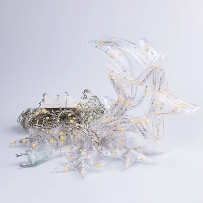 Гірлянда штора 3х0,9 м 108 LED світлодіодна зірка 9 місяць 3 мідний провід 9V 360 градусів жовта (1733060Y) - зображення 8