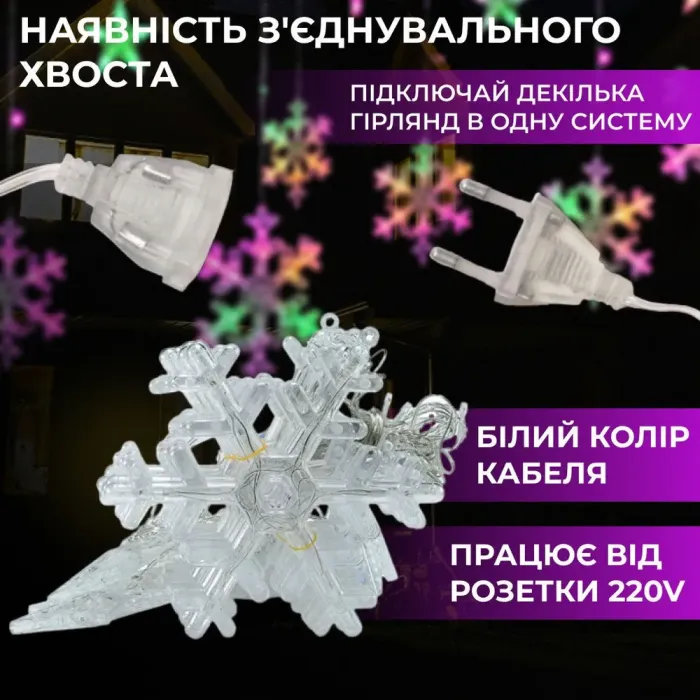Гірлянда штора 3х0,9 м світлодіодна сніжинка і зірка LED 108L 12 шт мідний провід 9V 360 градусів (1733061ML) - зображення 3