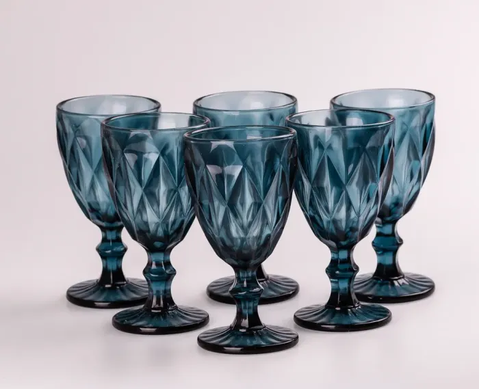 Бокал для вина высокий фигурный граненый из толстого стекла набор 6 шт. (HP035BL) - изображение 1