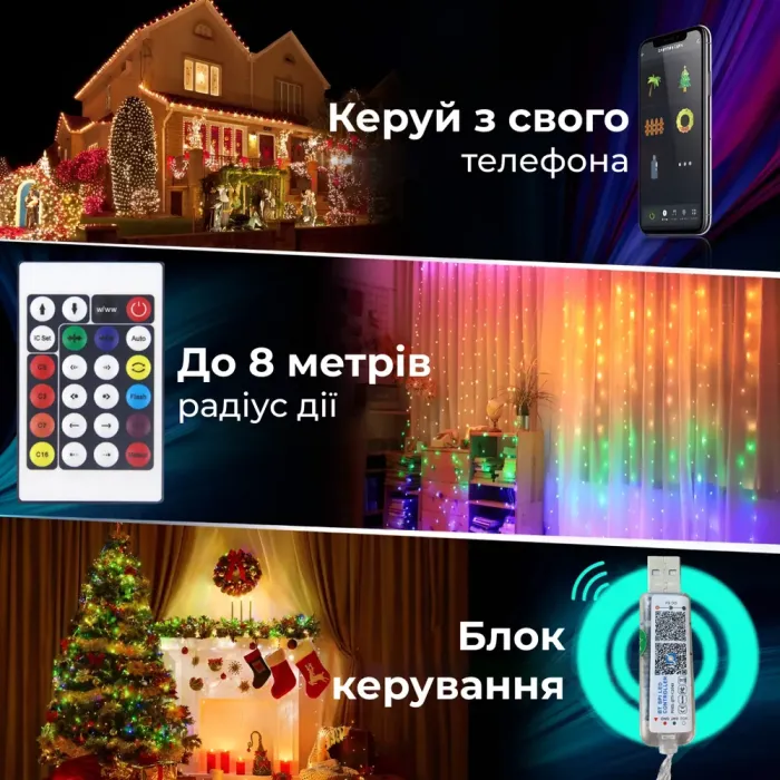 Розумна гірлянда роса 250 LED лампочок світлодіодна управління телефоном і пульт USB білий провід 2,5 м 10 ліній кольорова (1733044ML) - зображення 4