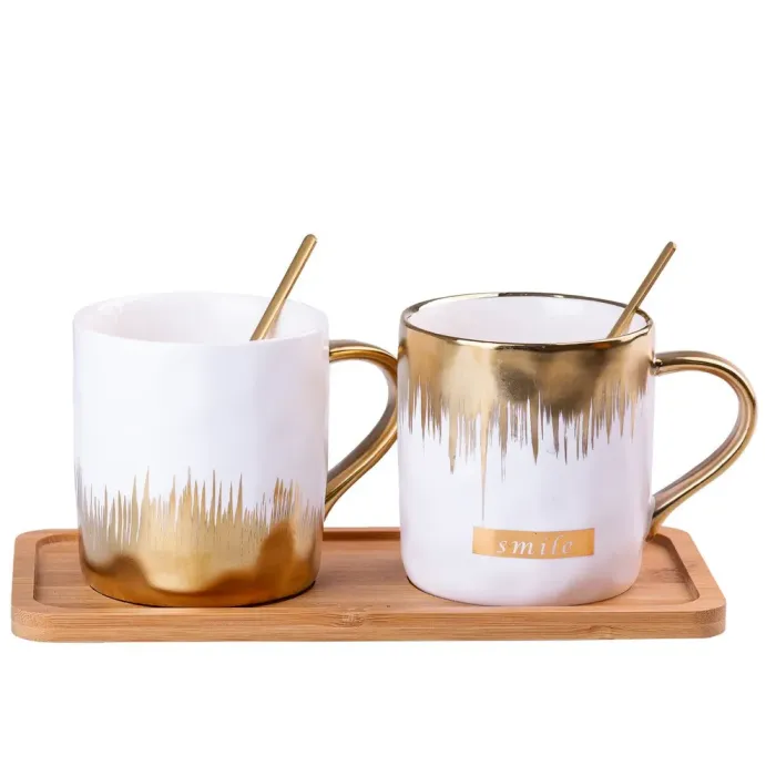 Набор керамических чашек с подставкой и ложкой 400 мл с позолотой 2 штуки (HP69) - изображение 1