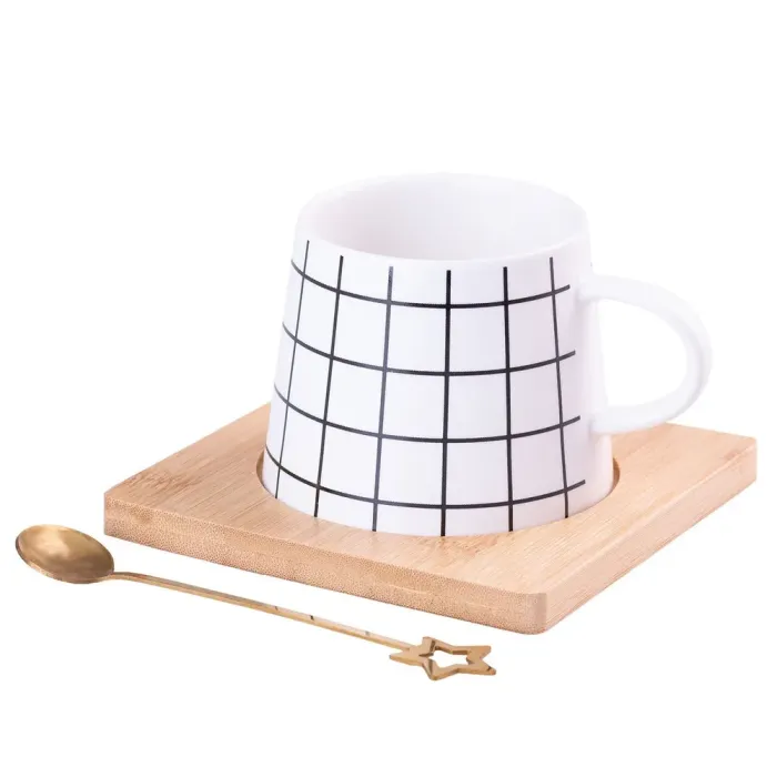 Чашка керамическая 200 мл Geometry с подставкой и ложкой Клетка (HP76C) - изображение 1