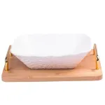 Блюдо сервірувальне порцелянове глибоке 600 мл на дерев'яній підставці 24×25.5см (HP480)