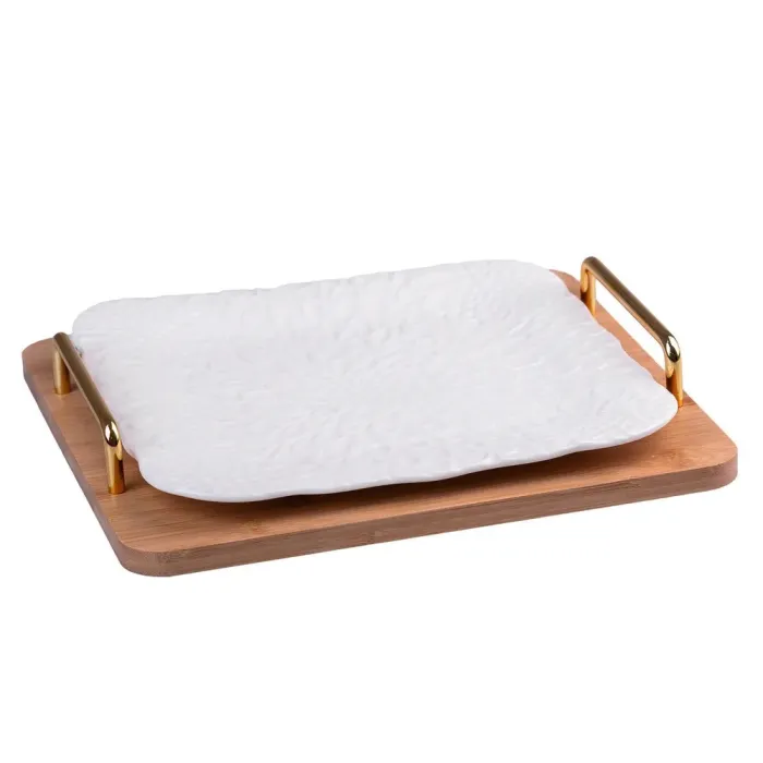 Блюдо сервірувальне прямокутне порцелянове на дерев'яній підставці 28×29.5 (HP482) - зображення 1