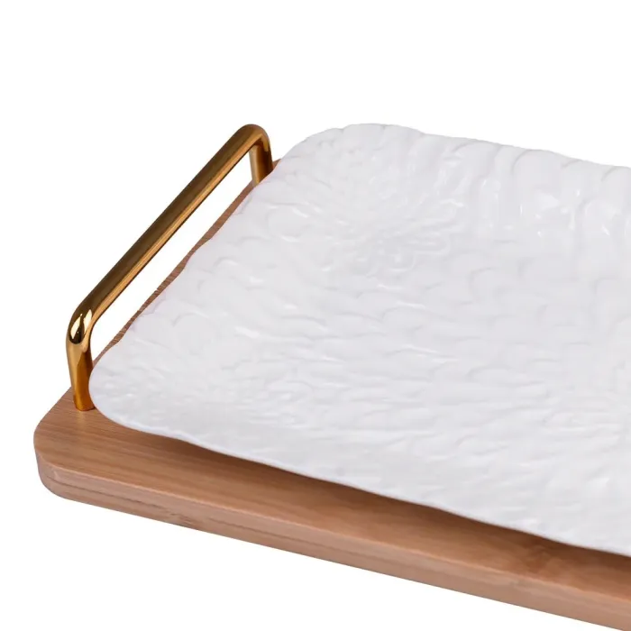 Блюдо сервірувальне прямокутне порцелянове прямокутне на дерев'яній підставці 19×38см (HP481) - зображення 2