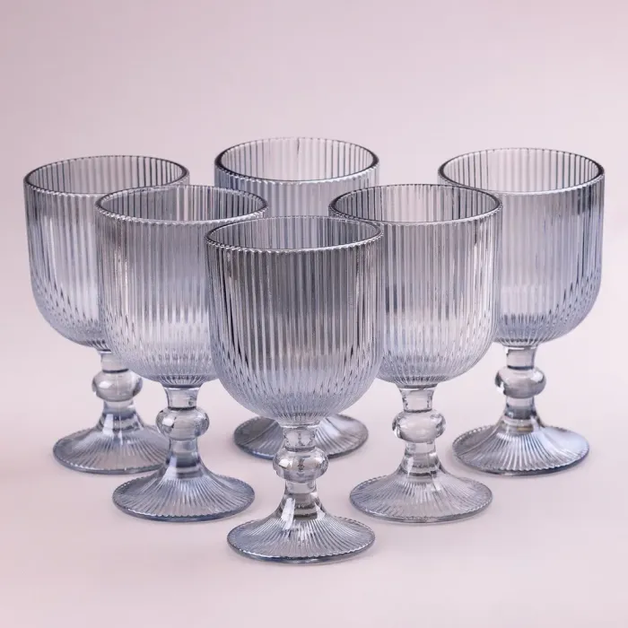 Келих для вина високий фігурний прозорий ребристий з товстого скла набір 6 шт Блакитний (HP7115BL) - зображення 3