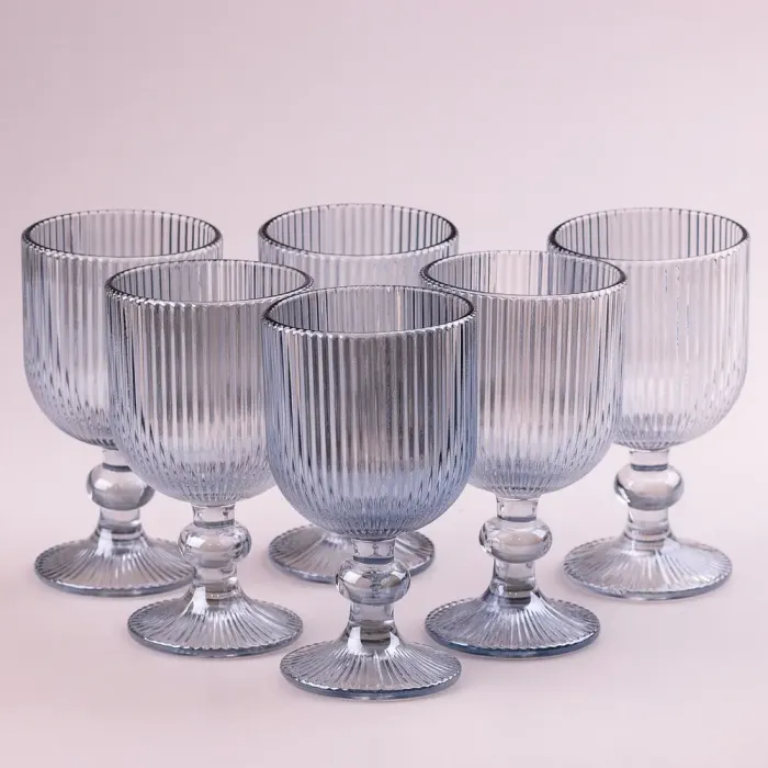 Келих для вина високий фігурний прозорий ребристий з товстого скла набір 6 шт Блакитний (HP7115BL) - зображення 4