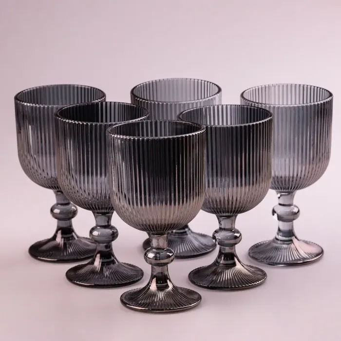 Келих для вина високий фігурний прозорий ребристий з товстого скла набір 6 шт Сірий (HP7115G) - зображення 2