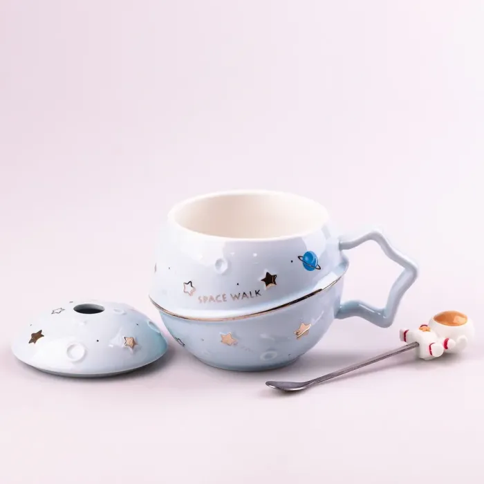 Чашка керамическая 400 мл Астронавт с крышкой и ложкой (HPCY8282BL) - изображение 2