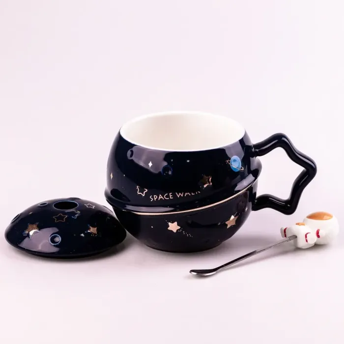 Чашка керамическая 400 мл Астронавт с крышкой и ложкой Темно-синий (HPCY8282NB) - изображение 2
