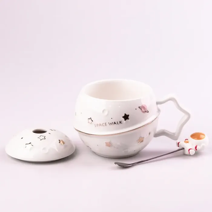 Чашка керамическая 400 мл Астронавт с крышкой и ложкой Белый (HPCY8282W) - изображение 2