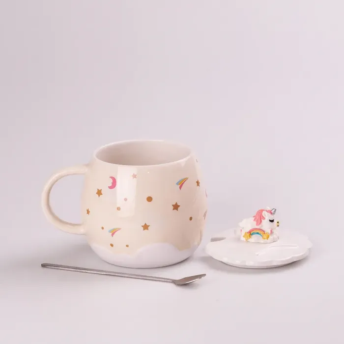 Чашка керамическая 400 мл Rainbow с крышкой и ложкой Бежевый (HPCY8278BE) - изображение 2