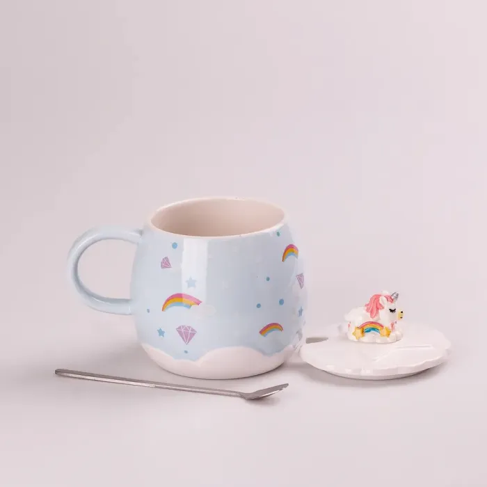 Чашка керамическая 400 мл Rainbow с крышкой и ложкой Голубой (HPCY8278BL) - изображение 2