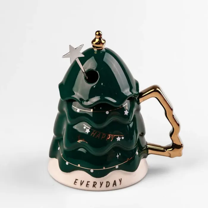 Кружка керамическая 460 мл Christmas tree с крышкой и палочкой для размешивания (HP1972G) - изображение 1
