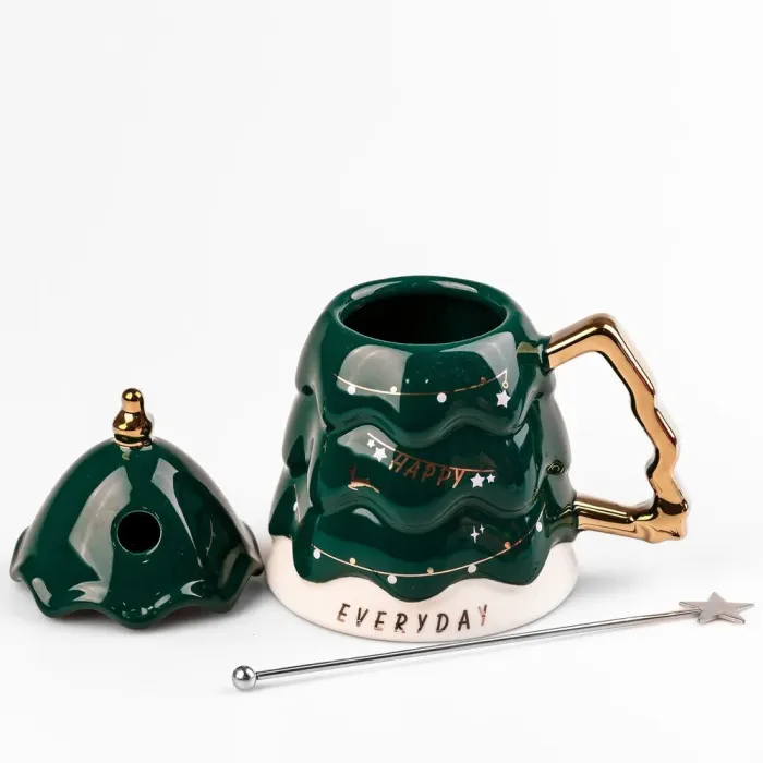 Кружка керамическая 460 мл Christmas tree с крышкой и палочкой для размешивания (HP1972G) - изображение 2