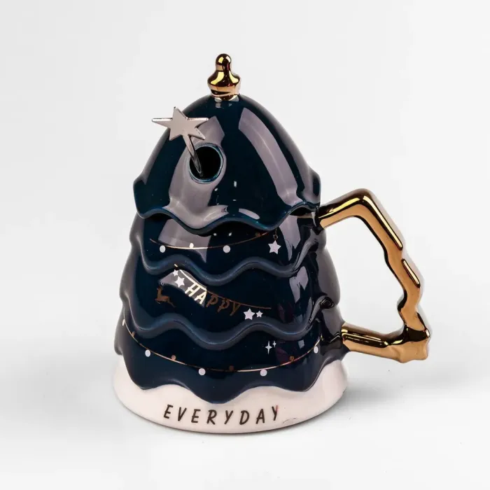 Кружка керамическая 460 мл Christmas tree с крышкой и палочкой для размешивания Темно-синий (HP1972NB) - изображение 1