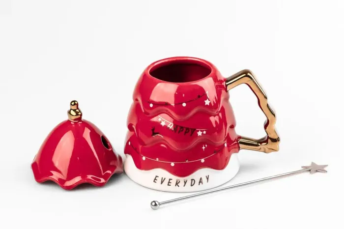 Кружка керамическая 460 мл Christmas tree с крышкой и палочкой для размешивания Красный (HP1972R) - изображение 2