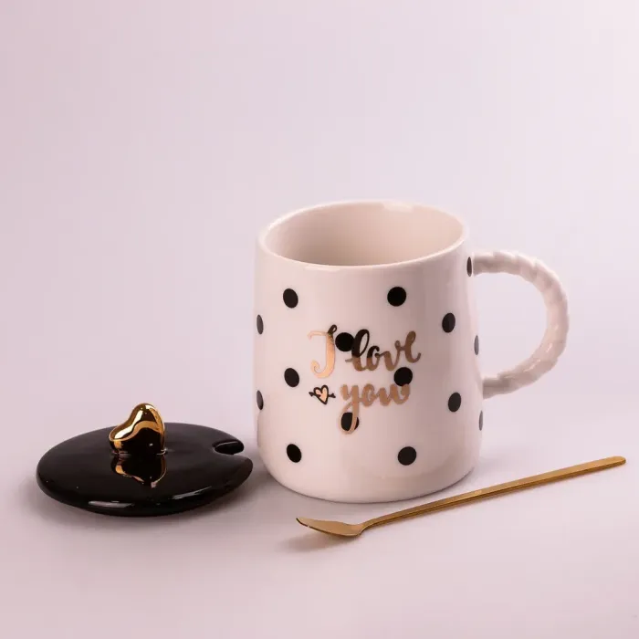 Чашка керамическая 400 мл Love с крышкой и ложкой (HPCY8263W) - изображение 2