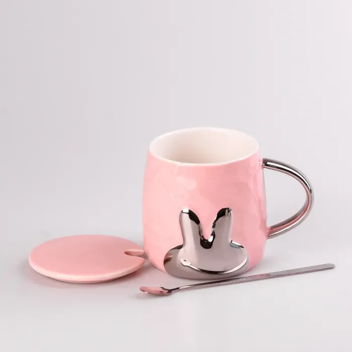 Кружка керамическая 300 мл Rabbit с крышкой и ложкой Розовый (HPCYM0877P) - изображение 2