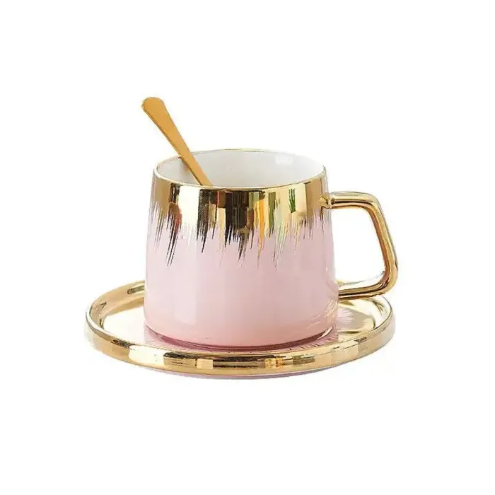 Чашка керамическая 350 мл Розовый с блюдцем и ложкой (HPCYM0857P) - изображение 1