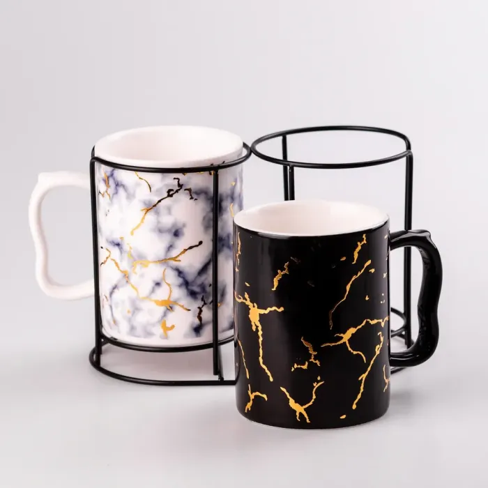Набор керамических чашек 350 мл с мармуровым узором. - изображение 2