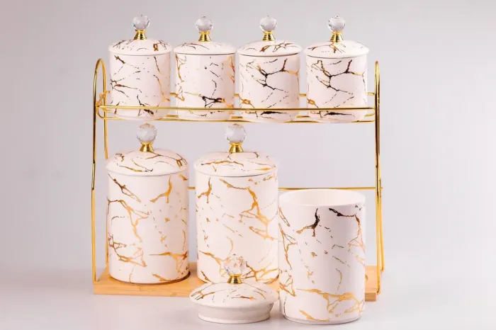 Набор для специй на подставке Мрамор с керамической крышкой 7 предметов (HPCY791AW) - изображение 2