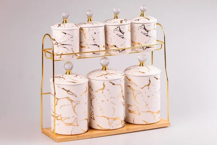 Набор для специй на подставке Мрамор с керамической крышкой 7 предметов (HPCY791AW) - изображение 4