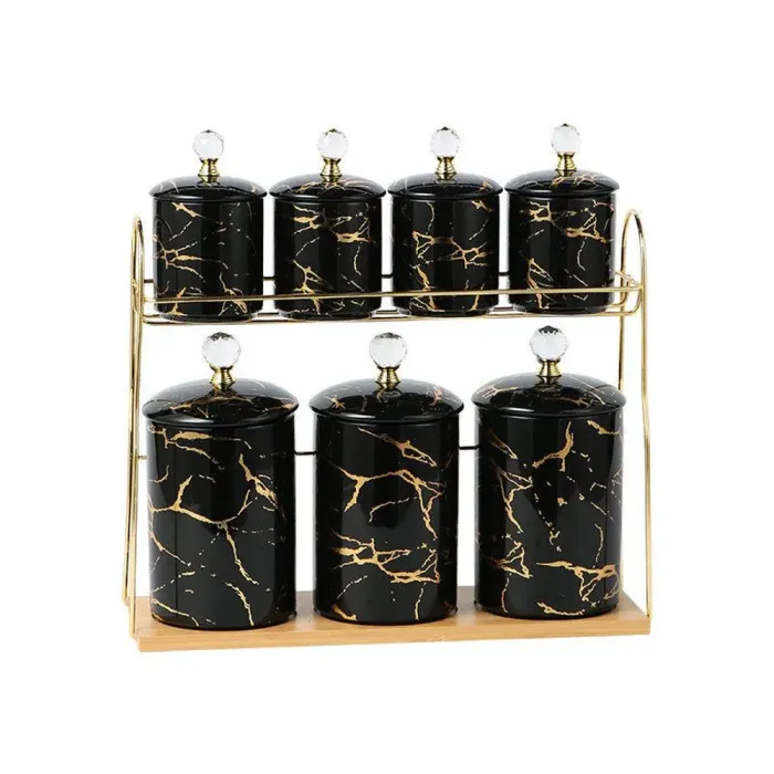 Набор для специй на подставке Мрамор с керамической крышкой 7 предметов Черный (HPCY791BB) - изображение 1