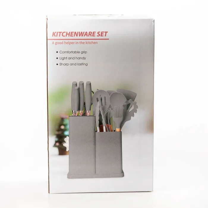 Набір кухонного приладдя на підставці 19 штук кухонні аксесуари з силікону з бамбуковою ручкою Сірий (HP6G) - зображення 4