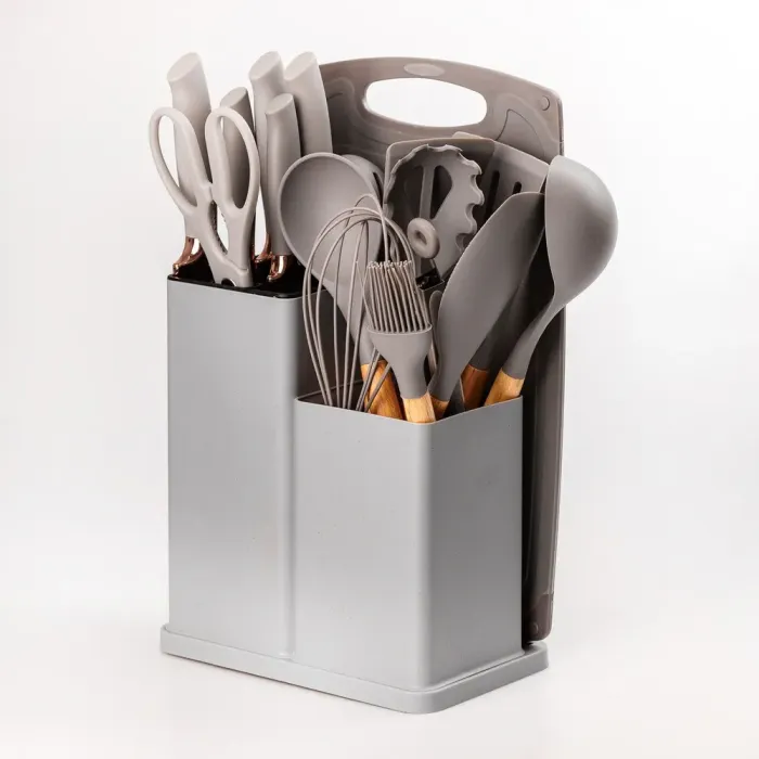 Набір кухонного приладдя на підставці 19 штук кухонні аксесуари з силікону з бамбуковою ручкою Сірий (HP6G) - зображення 2
