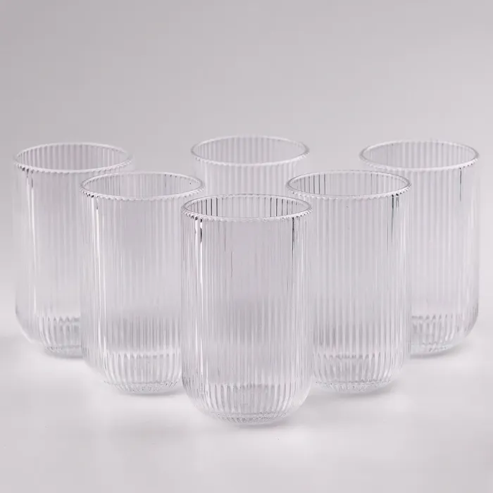 Склянка для напоїв висока фігурна прозора ребриста з товстого скла набір 6 шт (HP7113) - зображення 2