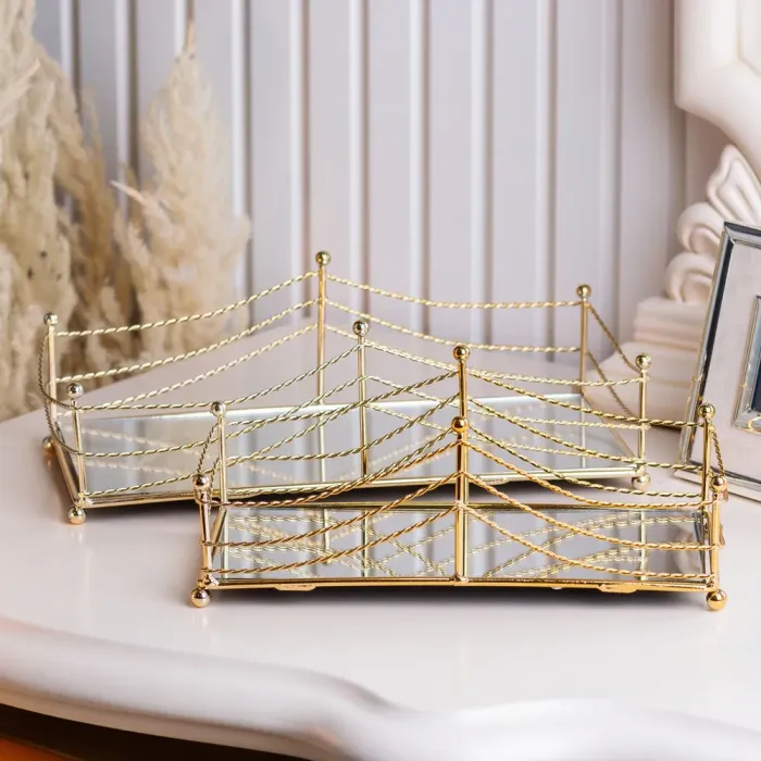 Фруктовниця цукерниця прямокутна металева із дзеркальною основою набір 2 шт (HP427) - зображення 1