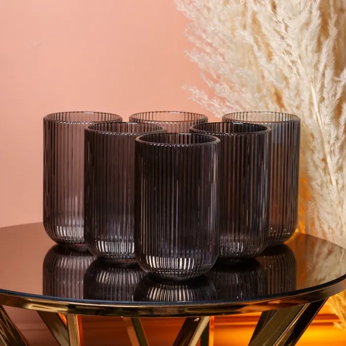 Склянка для напоїв висока фігурна прозора ребриста з товстого скла набір 6 шт Сірий (HP7113G) - зображення 1