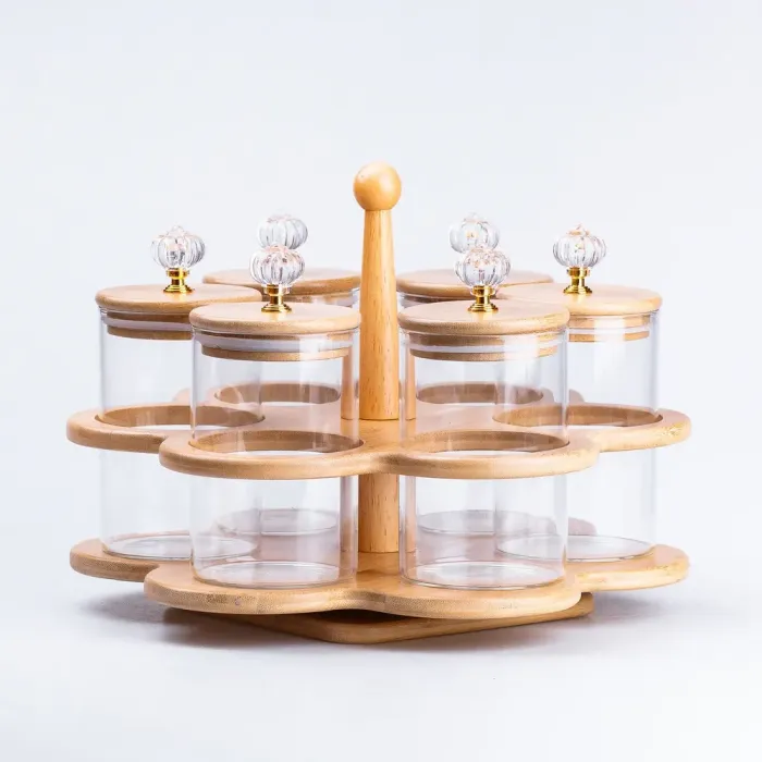 Банки для сыпучих продуктов набор из 6 шт. стеклянные на деревянной подставке. (HP16292) - изображение 1