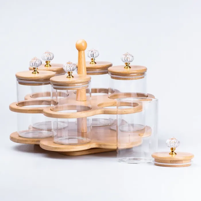Банки для сыпучих продуктов набор из 6 шт. стеклянные на деревянной подставке. (HP16292) - изображение 2