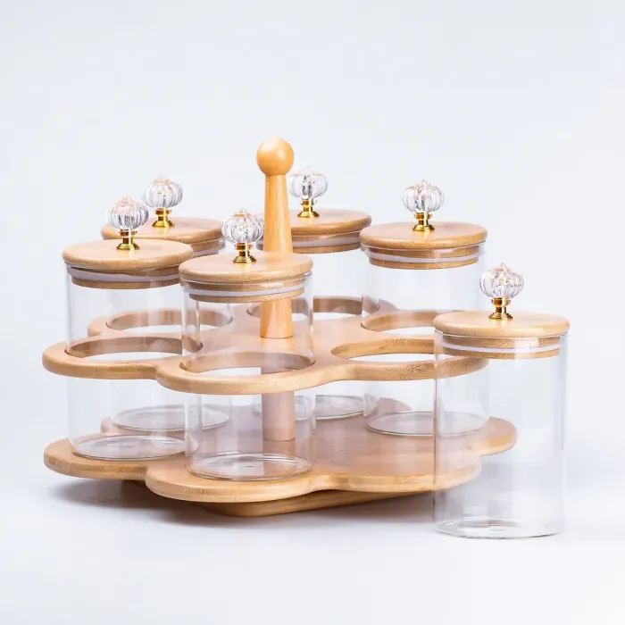 Банки для сыпучих продуктов набор из 6 шт. стеклянные на деревянной подставке. (HP16292) - изображение 3
