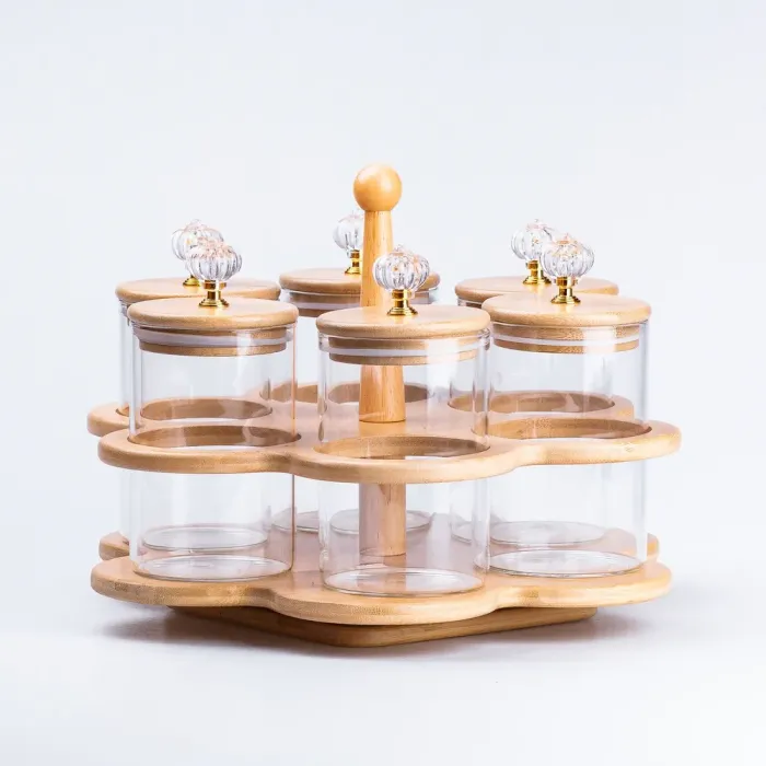Банки для сыпучих продуктов набор из 6 шт. стеклянные на деревянной подставке. (HP16292) - изображение 4