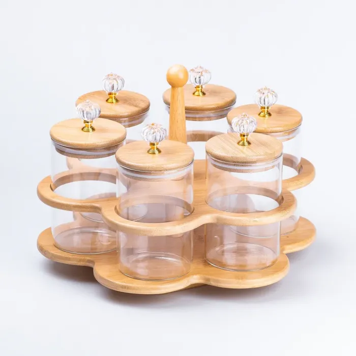 Банки для сыпучих продуктов набор из 6 шт. стеклянные на деревянной подставке. (HP16292) - изображение 5