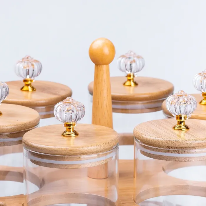 Банки для сыпучих продуктов набор из 6 шт. стеклянные на деревянной подставке. (HP16292) - изображение 6