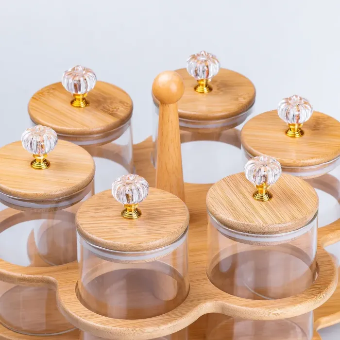 Банки для сыпучих продуктов набор из 6 шт. стеклянные на деревянной подставке. (HP16292) - изображение 8